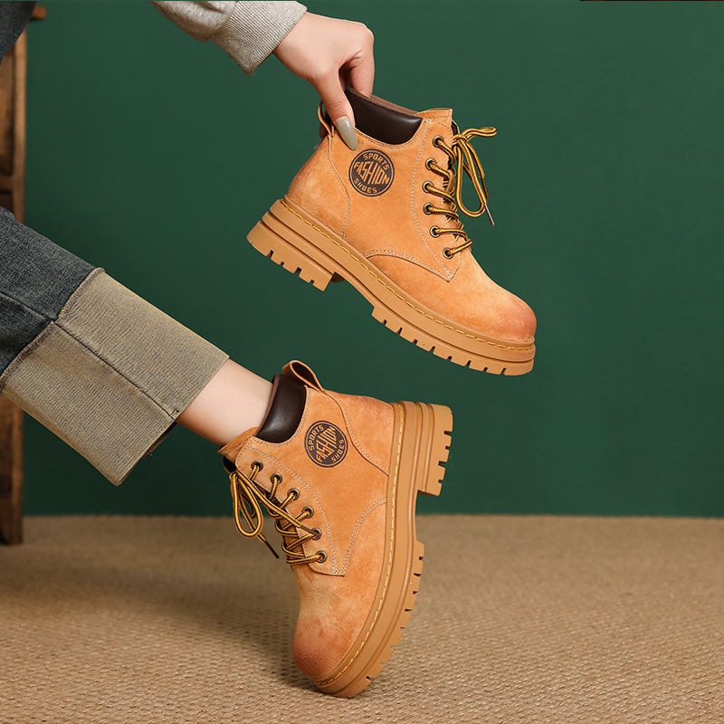 真皮马丁靴女秋冬复古小个子厚底大黄靴机车工装高帮短靴潮