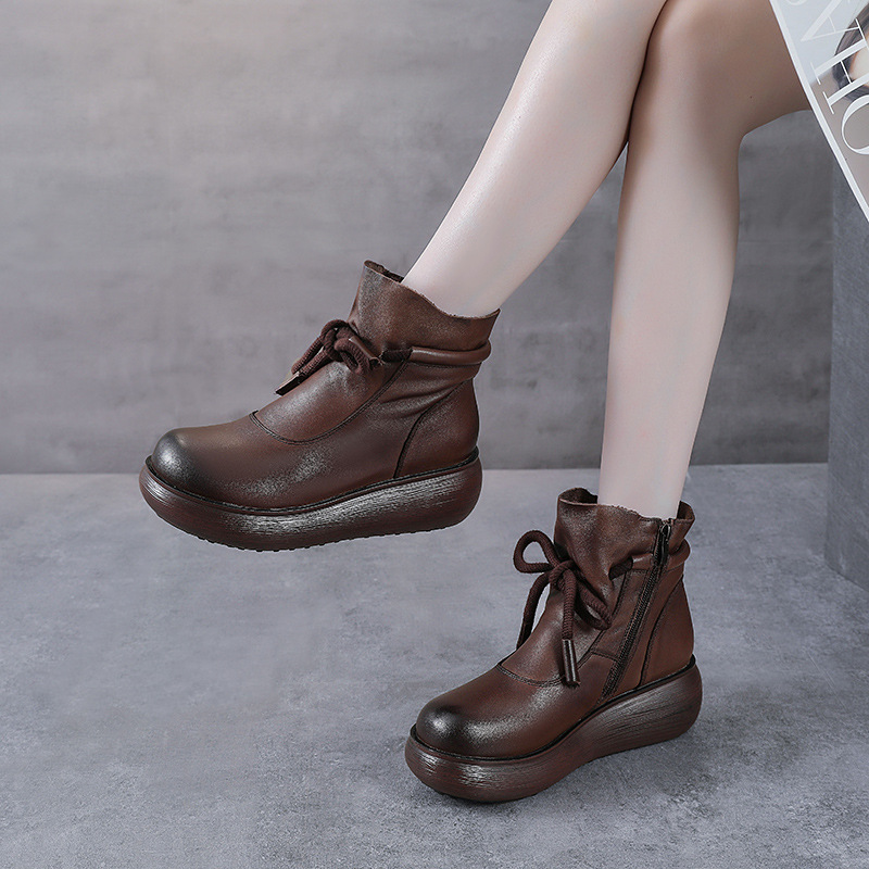 厚底马丁靴女头层牛皮高跟真皮春秋单靴短筒粗跟侧拉链短靴子