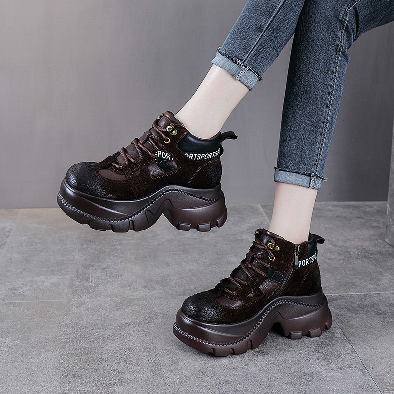 真皮马丁靴女松糕跟秋冬新款复古头层牛皮粗跟靴子休闲高帮鞋