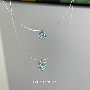 方糖家 人鱼之泪薄荷曼波莫桑钻轻奢隐形纯银项链鱼线锁骨链女款