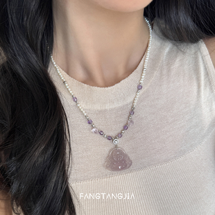 方糖家 原创显白紫罗兰天然高冰玉髓佛公珍珠纯银水晶项链礼物女