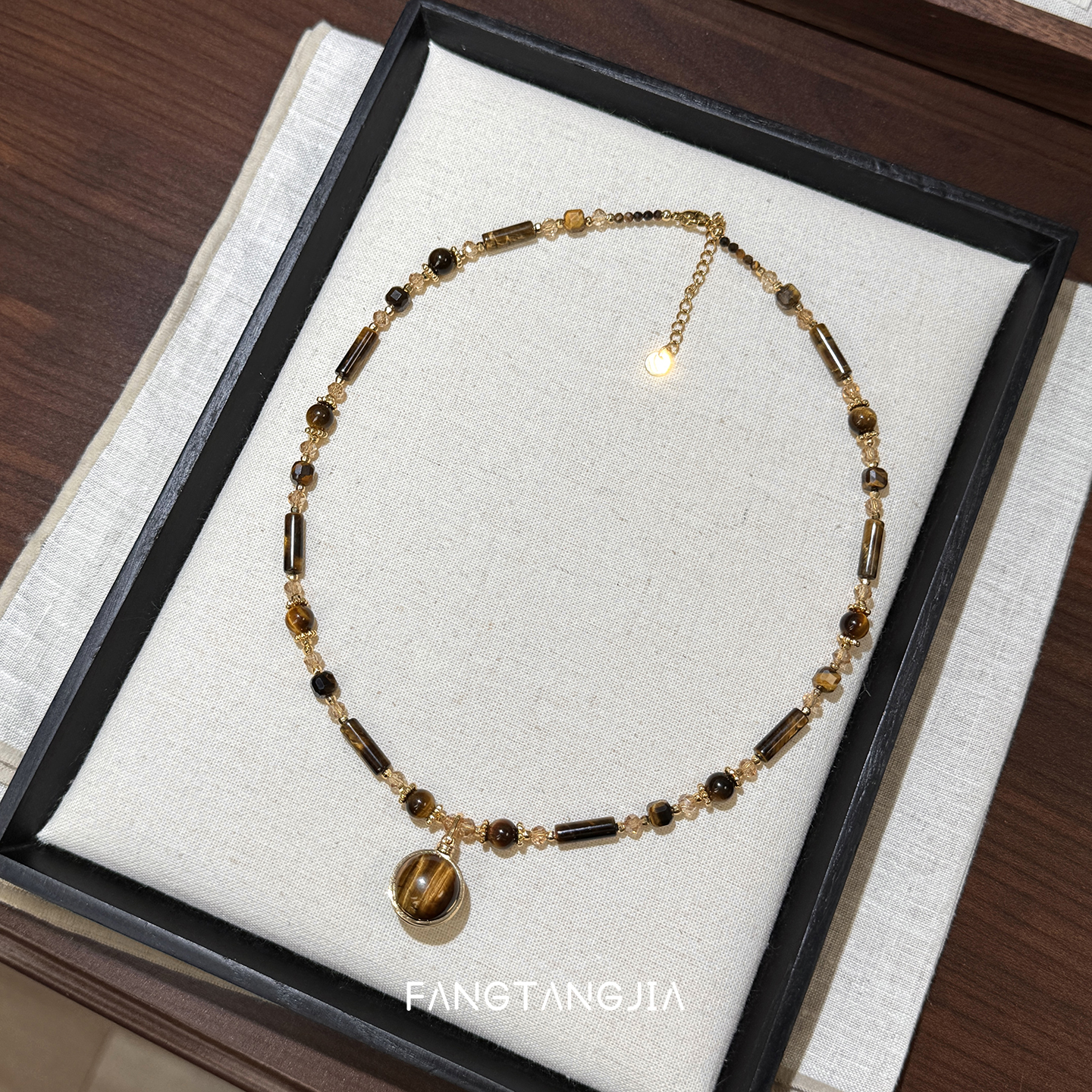 方糖家虎眼石黑玛瑙串珠项链