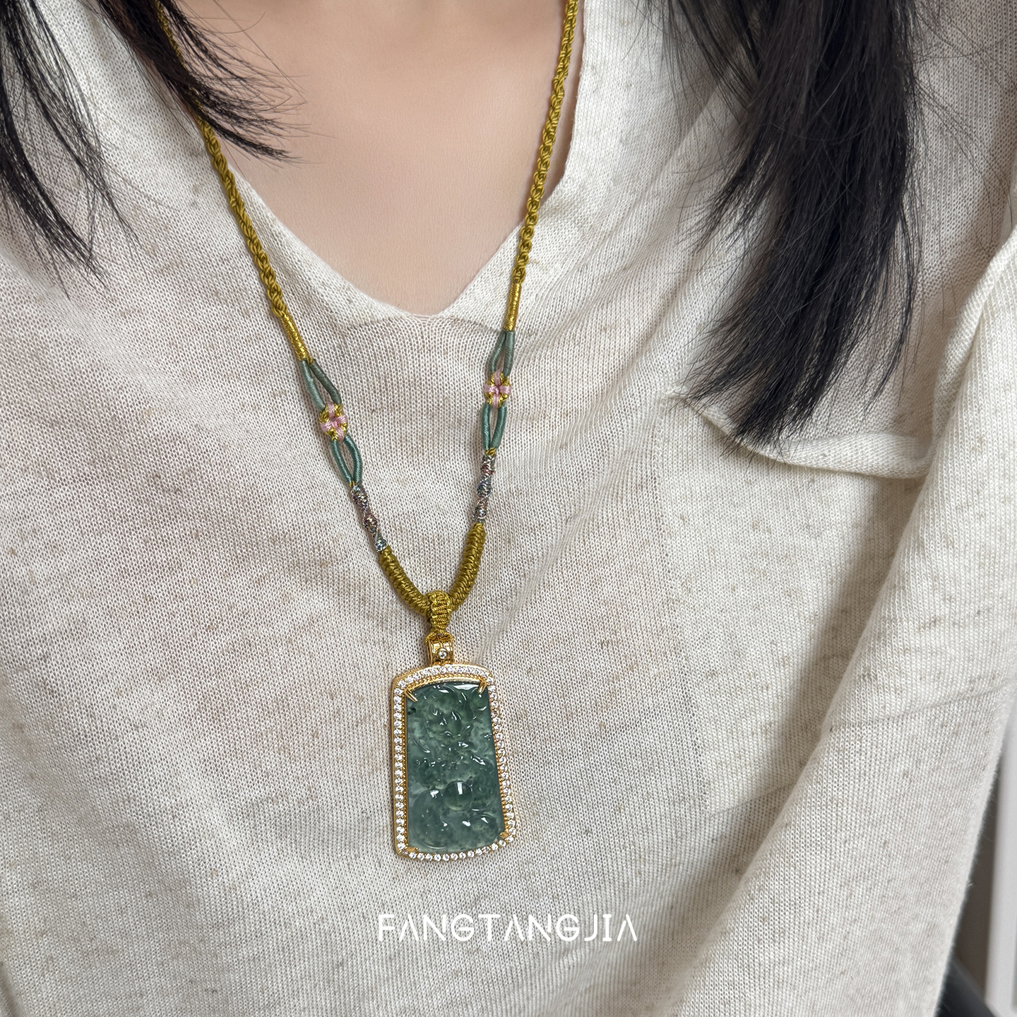方糖家翡翠方牌编绳新中式项链