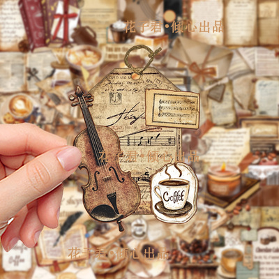 50张文艺复古咖啡馆PET贴纸ins高颜值涂鸦装饰手机壳ipad防水贴纸