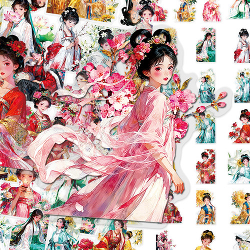 100张十二花神PET贴纸创意花卉古风少女装饰插画diy手账手机