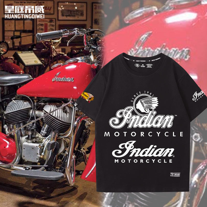 印第安摩托重机车巡航车骑行服俱乐部男女休闲夏季宽松T恤袖标可