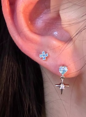 双耳洞叠戴冰川蓝锆石爱心十字架耳钉医用钛钢耳骨钉女养耳洞免摘