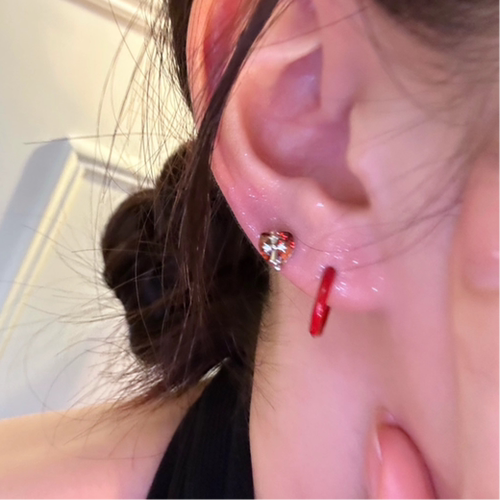 红色爱心十字架耳钉女双耳洞耳骨钉医用钛钢养耳洞高级感秋冬耳环