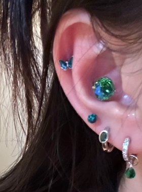 绿色玫瑰锆石耳钉蝴蝶澳宝水滴耳圈医用钛钢耳骨钉高级感耳饰女夏
