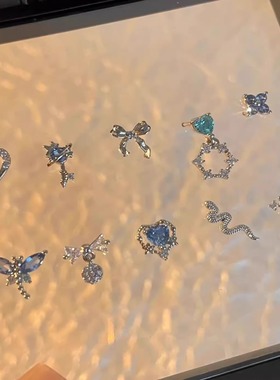 蓝色爱心蝴蝶钛钢耳钉女免摘养耳洞防过敏耳骨钉新款高级感耳饰夏