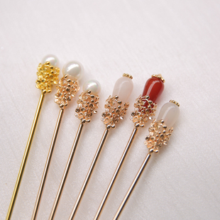 记川 黛玉簪红玛瑙明珠发簪纯铜保色簪子
