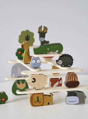 木质动物叠叠高积木儿童平衡游戏益智玩具手眼协调专注力早教3岁+