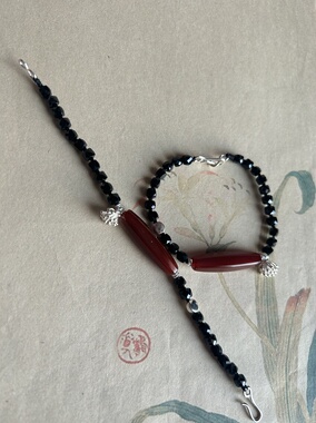 【红与黑】925银天然黑尖晶石巴西红玛瑙手链（下单备注净手围）