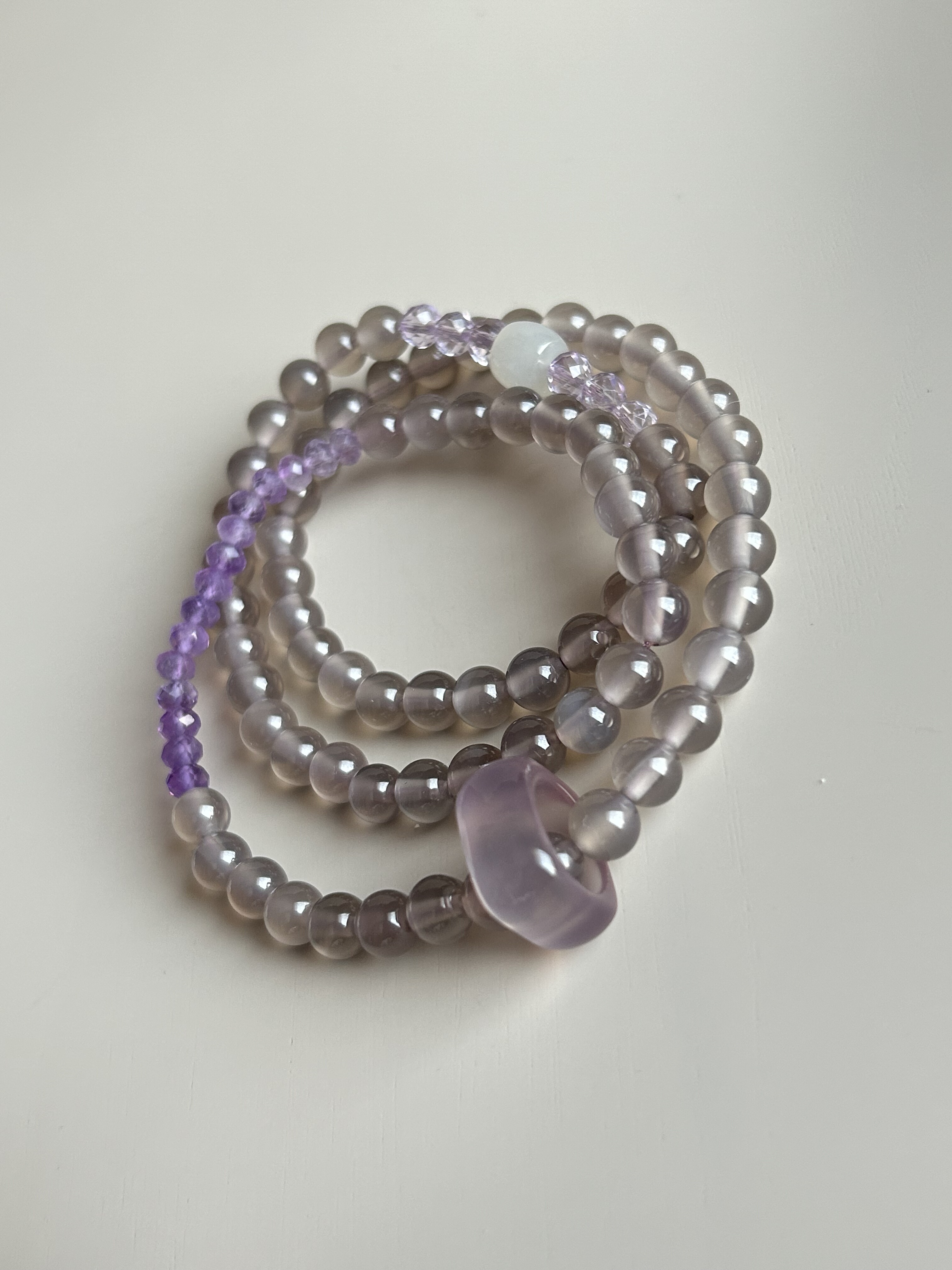 冰烟紫玛瑙和田玉紫水晶项链 可做三圈轻奢手链