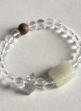 纯粹天然品质高透白水晶手串和田玉闪灵钻老山檀香木简约大方手串