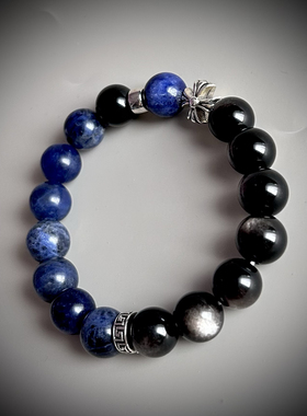 金银曜石猫眼黑曜石手串蓝纹石／招财转运串珠男女同款生日礼物