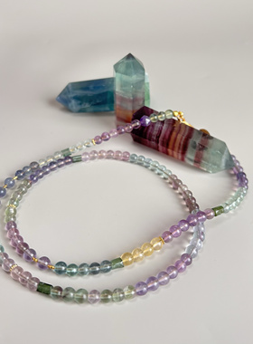 售罄 天然彩虹渐变色莹石绿碧玺桶珠纯银配件万能链毛衣链随意配