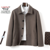 秋冬新款 双面翻领行政夹克大衣男短款 100%羊毛呢子休闲外套净色