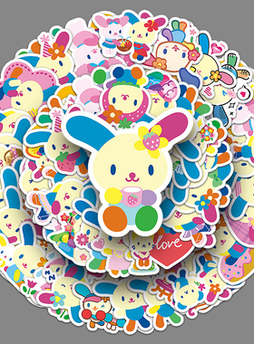 50张花小兔卡通贴纸可爱三丽鸥usahana手机可滴胶文具小麻薯贴纸.
