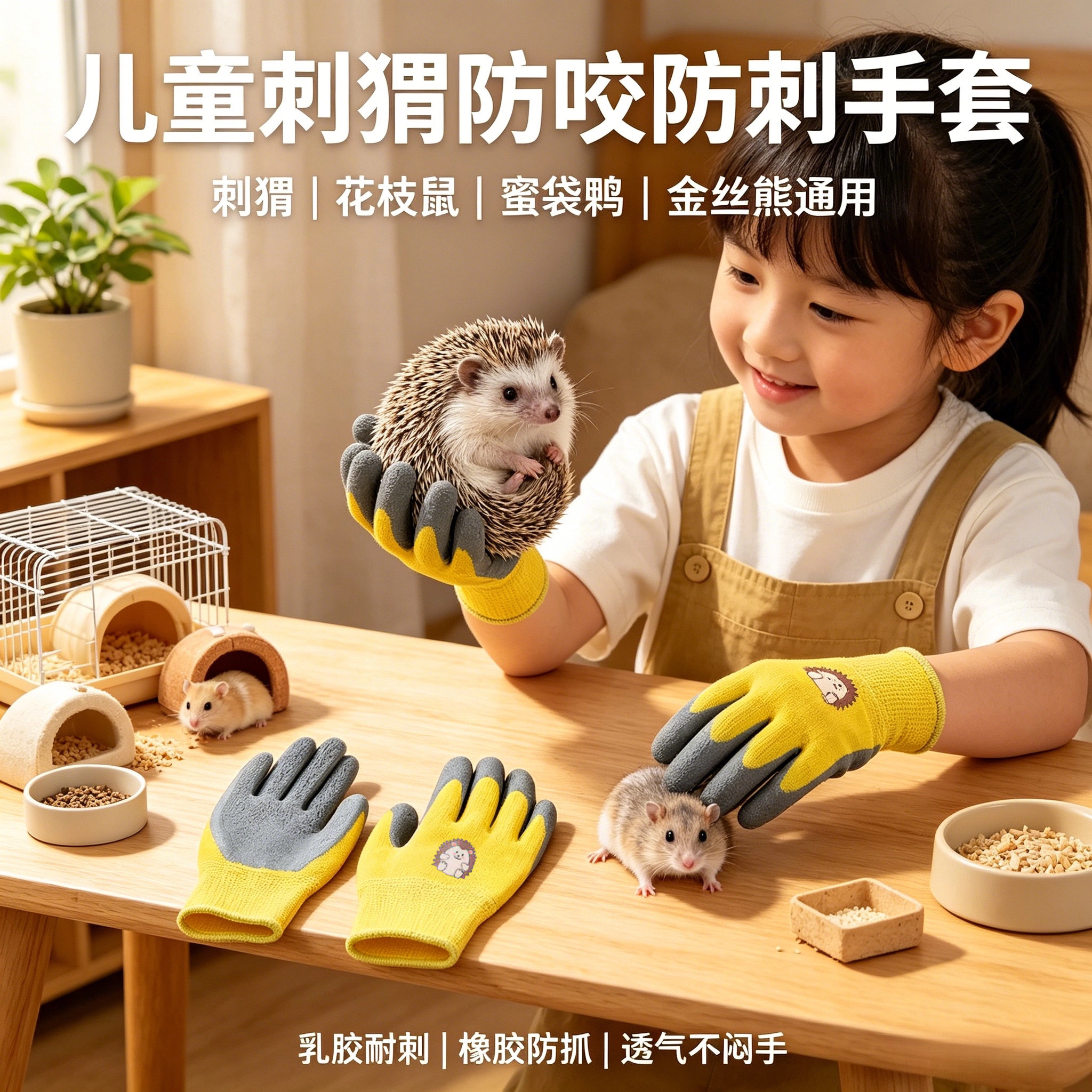 儿童专用防咬手套刺猬花枝鼠蜜袋鼯金丝熊小孩上手撸宠剪指甲打扫