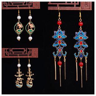 个性三件套合金珍珠流苏耳环耳饰滴油仿烧蓝耳坠耳夹古风汉服配饰