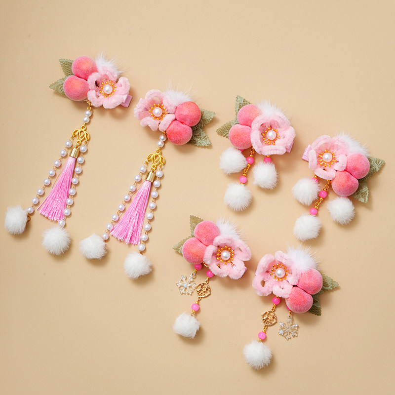 古风小桃仙汉服发夹绒花头饰少女可爱花朵流苏毛球对夹百搭配饰品