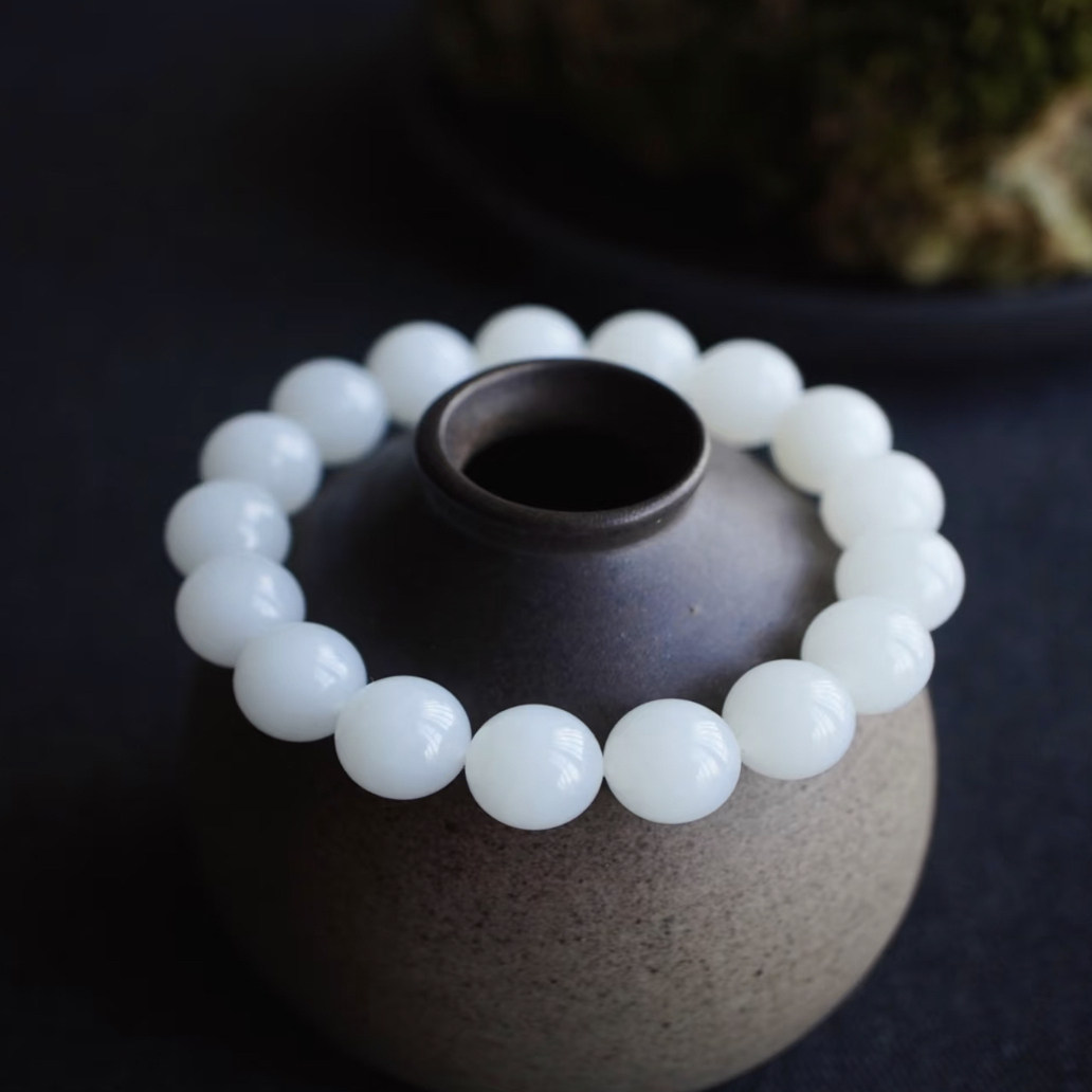 俄罗斯白玉手串精品和田玉珠串羊脂级白玉手链天然玉石高端细俄料