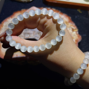 和田玉手串天然玉石白冰一线猫眼珠串高端精品青海料圆珠手链白猫