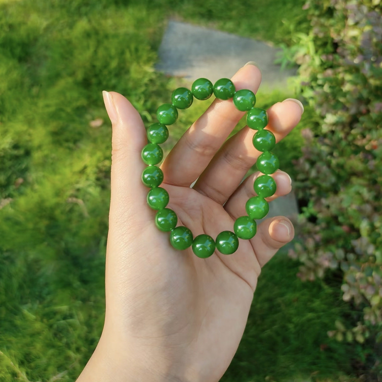 俄罗斯碧玉菠菜绿老料手串和田玉珠串天然玉石7号矿老料菠菜绿