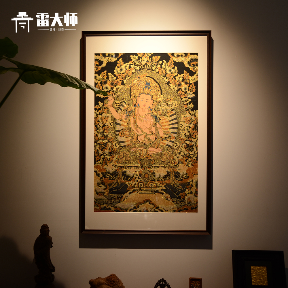 文殊菩萨唐卡挂画 刺绣 藏传佛像客厅玄关装饰画 新中式 沙发背景图片