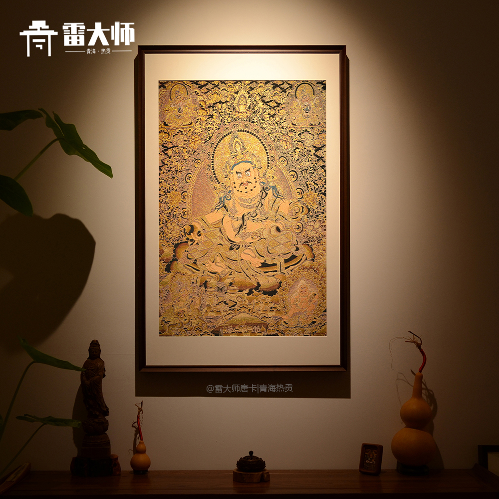 刺绣五色财神唐卡装饰画茶室玄关客厅背景墙挂画餐厅实木背景图片