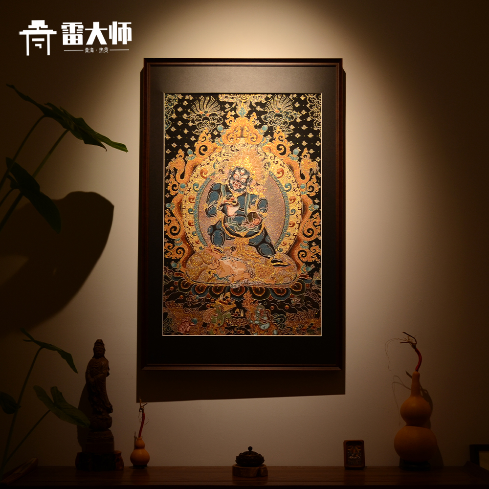 刺绣黑财神唐卡茶室玄关装饰画客厅背景墙挂画沙发餐厅入户图片