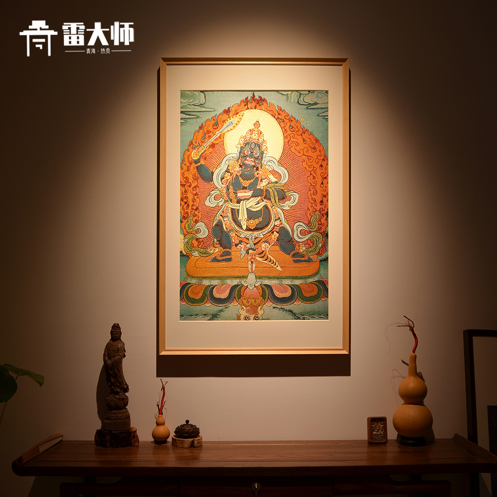刺绣黑文殊菩萨唐卡装饰画茶室玄关客厅背景墙挂画餐厅实木背景