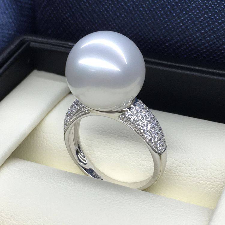 澳白珍珠戒指18k金正圆形13-14mm白色海水珠南洋白珠简单珍珍珠宝