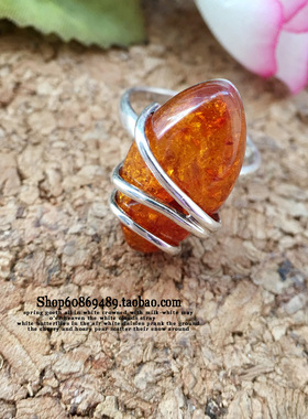 双生彼岸 925纯银饰品 指环 波兰工艺琥珀大颗琥珀戒指