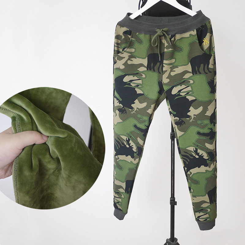 高腰欧美迷彩加绒加厚防风小脚哈伦运动裤收口情侣卫裤男女款秋冬