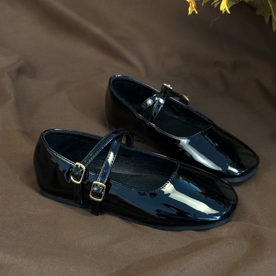 za家女童黑皮鞋春秋新款方头浅口