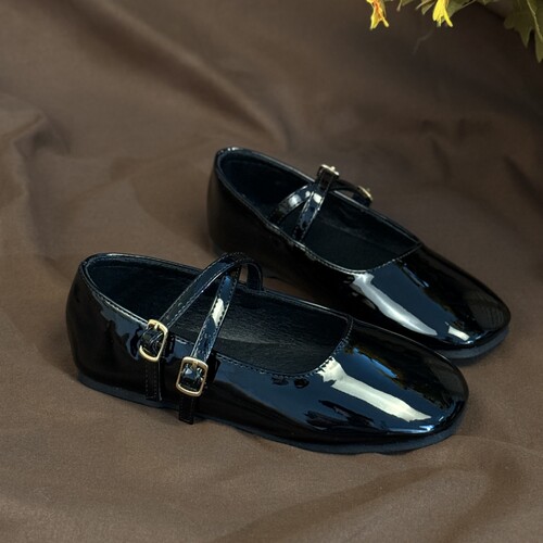 za家女童黑皮鞋春秋新款方头浅口