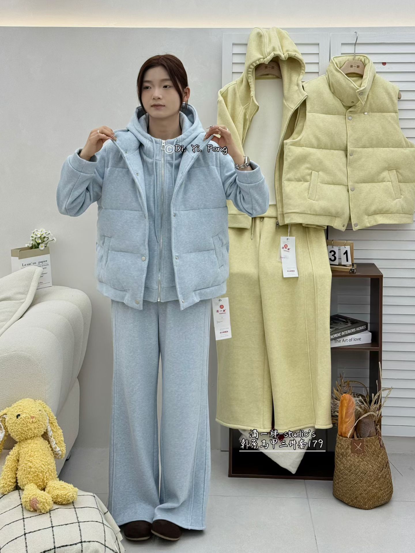 滴一胖179大码加绒三件套马甲+裤子+拉链开衫