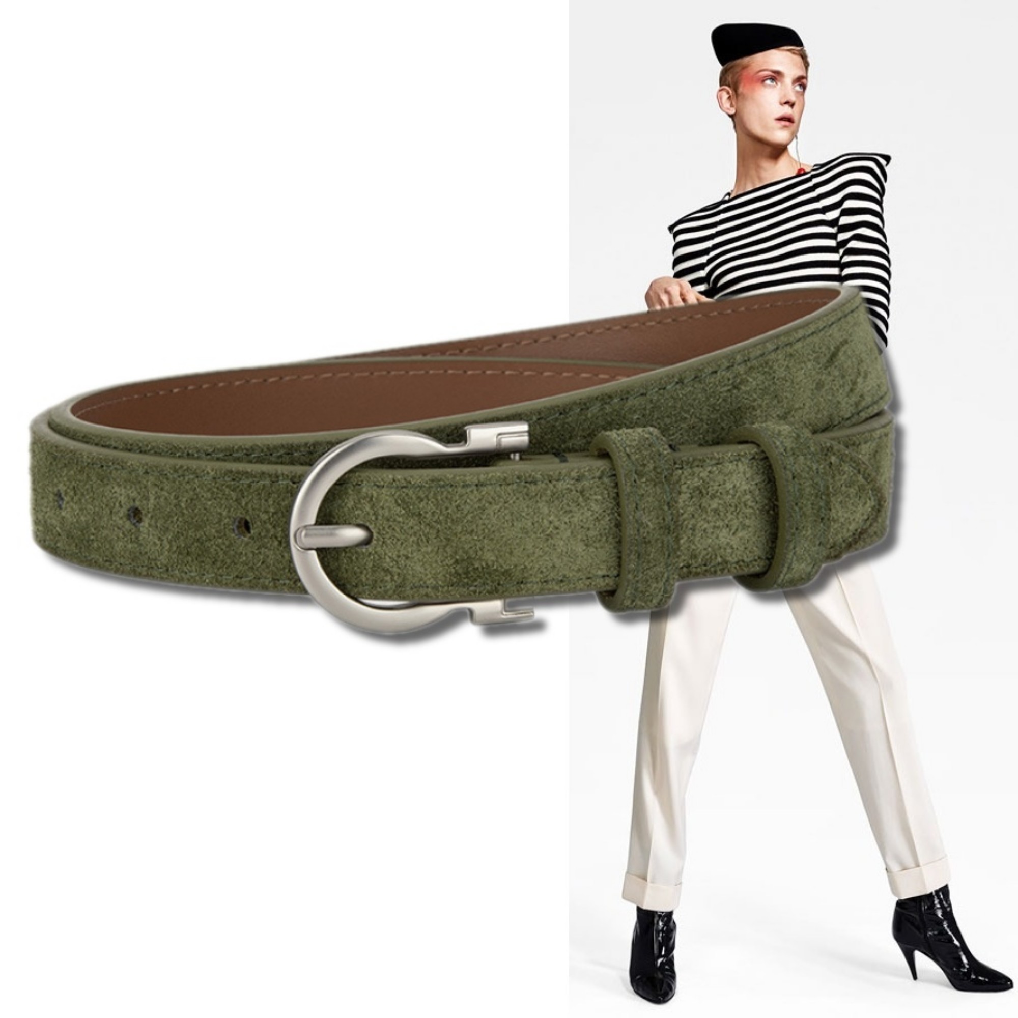 军绿色磨砂牛皮2.3厘米腰带通勤女棉服风衣大衣连衣裙牛仔裤皮带