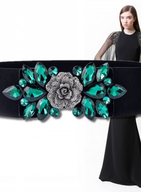 千金风绿色玫瑰花装饰宽腰带晚礼服连衣裙配饰6厘米宽弹力腰封女