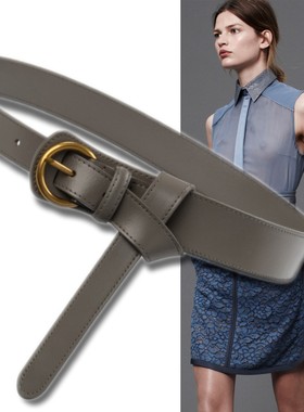 灰色4.5厘米装饰打结宽腰带女羽绒服呢大衣西装真皮腰封收腰皮带