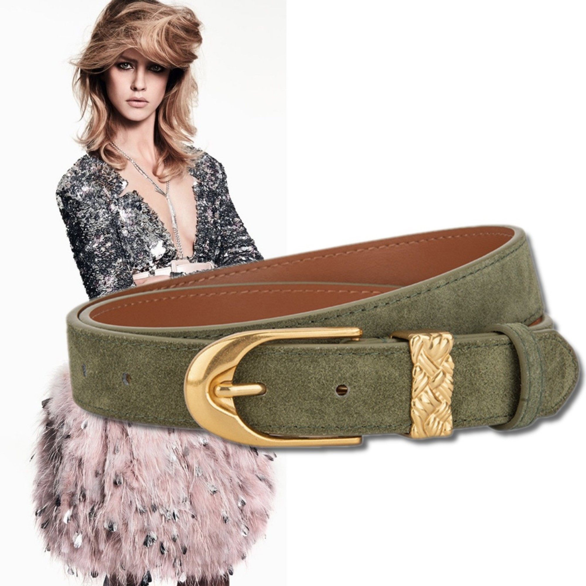 军绿色撞色金扣磨砂真皮腰带2.8厘米女棉服风衣连衣裙牛仔裤皮带