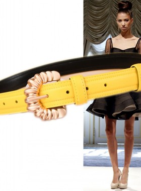 鲜艳黄色3厘米真皮装饰腰带女老钱风大衣长裙牛仔裤皮草牛皮皮带