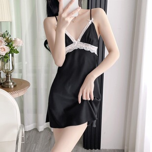 性感纯色睡衣女春秋夏季 吊带胸垫 冰丝火辣情调蕾丝高级感2025新款