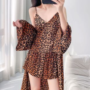 家居服三件套带胸垫 吊带短裤 高级感豹纹冰丝睡衣女夏款 纯欲开衫
