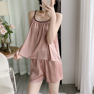 两件套装 2025新款 短袖 冰丝凉感吊带短裤 宽松显瘦睡衣女夏天薄款