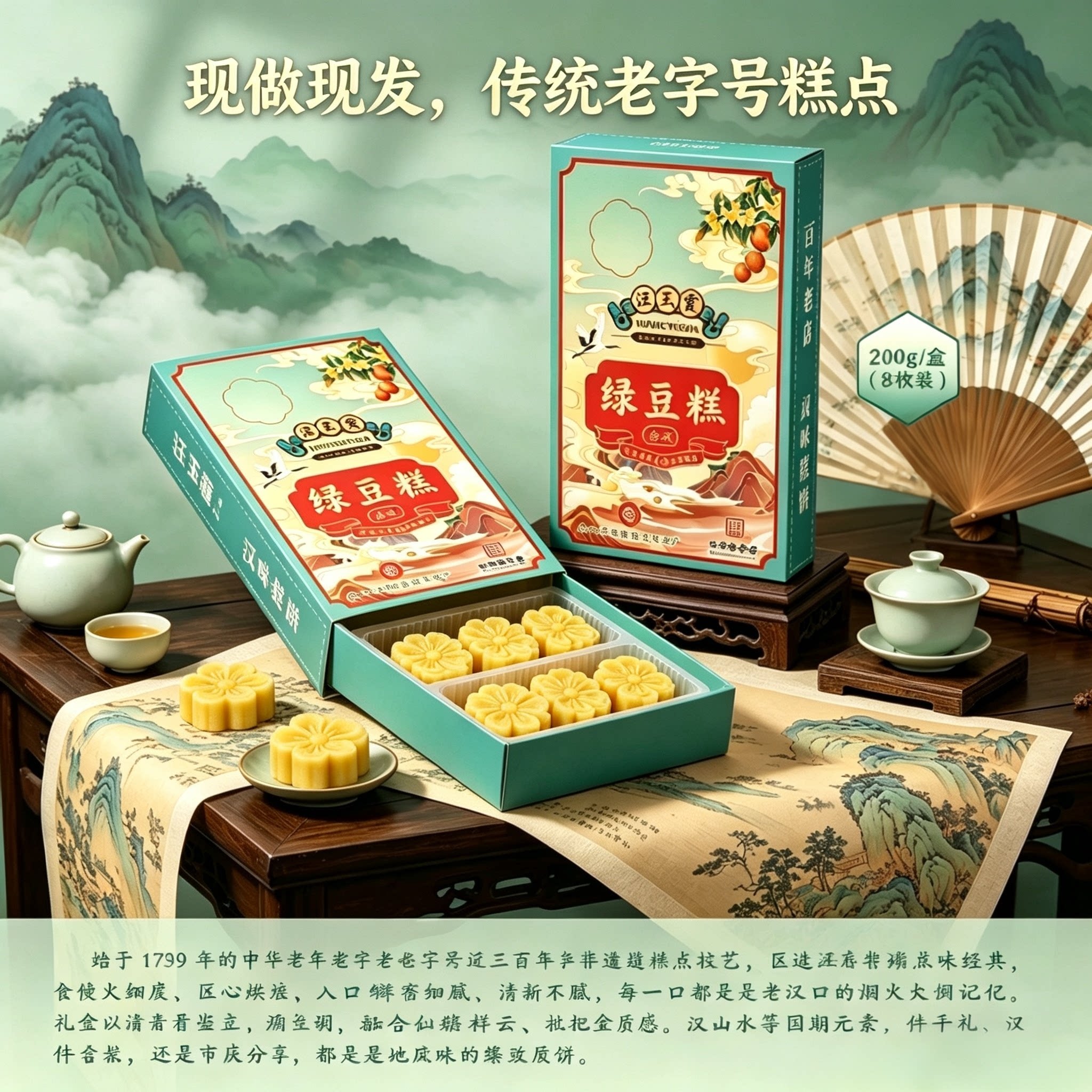 汪玉霞台式绿豆糕传统糕点200g盒装中华老字号现做现发武汉特产