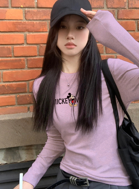 紫色印花圆领小个子打底衫长袖t恤女2025秋季新款内搭显瘦上衣ins