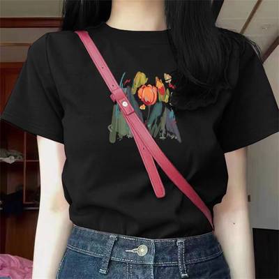 正肩短袖t恤女修身纯棉圆领上衣